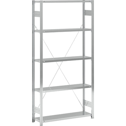 Standard boltless shelving unit, zinc plated, single sided, shelf height 2350 mm, shelf width 1215 mm, standard shelf unit, shelf depth 350 mm.
