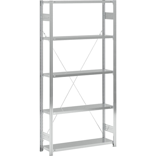 Standard boltless shelving unit, zinc plated, single sided, shelf height 2350 mm, shelf width 1215 mm, standard shelf unit, shelf depth 350 mm.