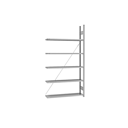 Standard boltless shelving unit, zinc plated, single sided, shelf height 2350 mm, shelf width 1215 mm, extension shelf unit, shelf depth 350 mm.
