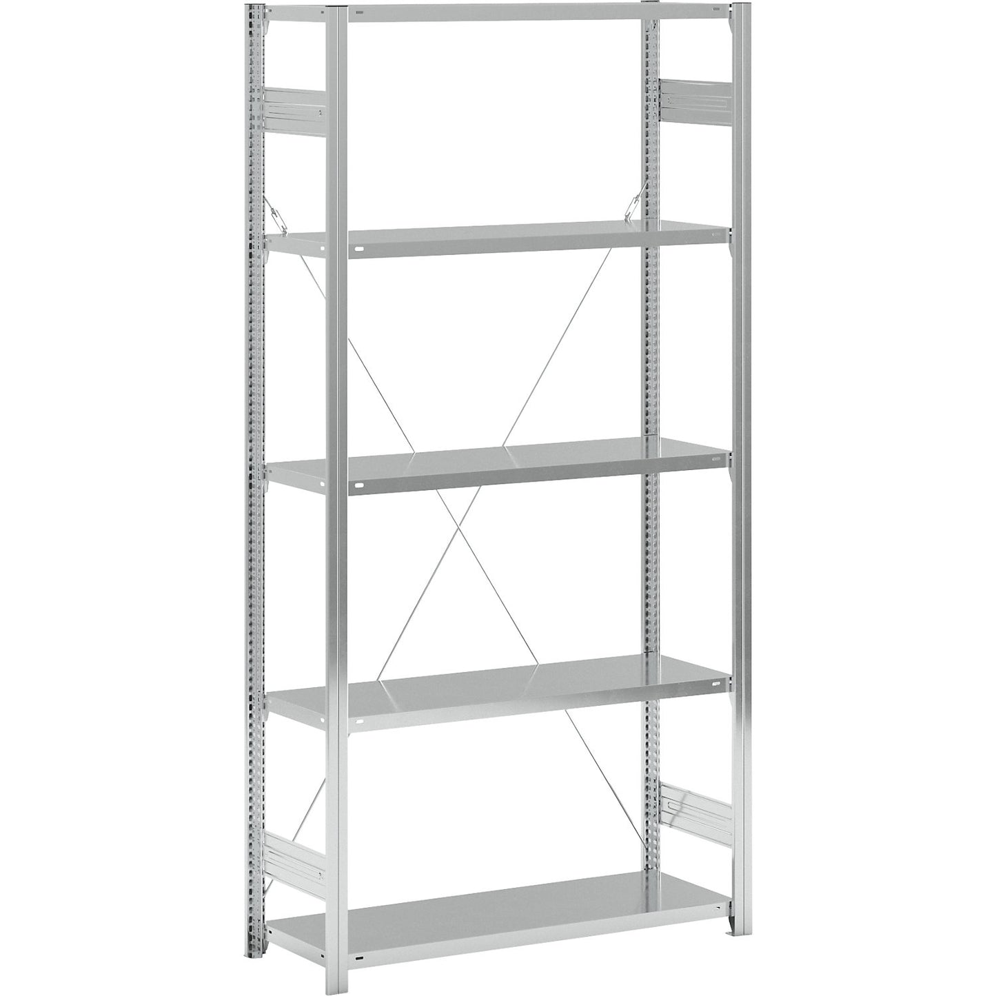 Standard boltless shelving unit, zinc plated, single sided, shelf height 2350 mm, shelf width 1215 mm, standard shelf unit, shelf depth 450 mm.