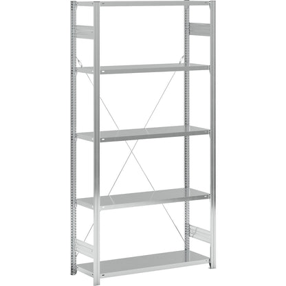 Standard boltless shelving unit, zinc plated, single sided, shelf height 2350 mm, shelf width 1215 mm, standard shelf unit, shelf depth 450 mm.
