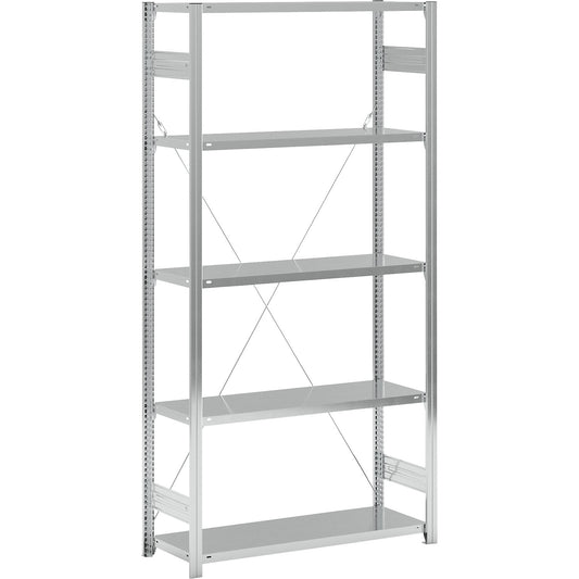 Standard boltless shelving unit, zinc plated, single sided, shelf height 2350 mm, shelf width 1215 mm, standard shelf unit, shelf depth 450 mm.