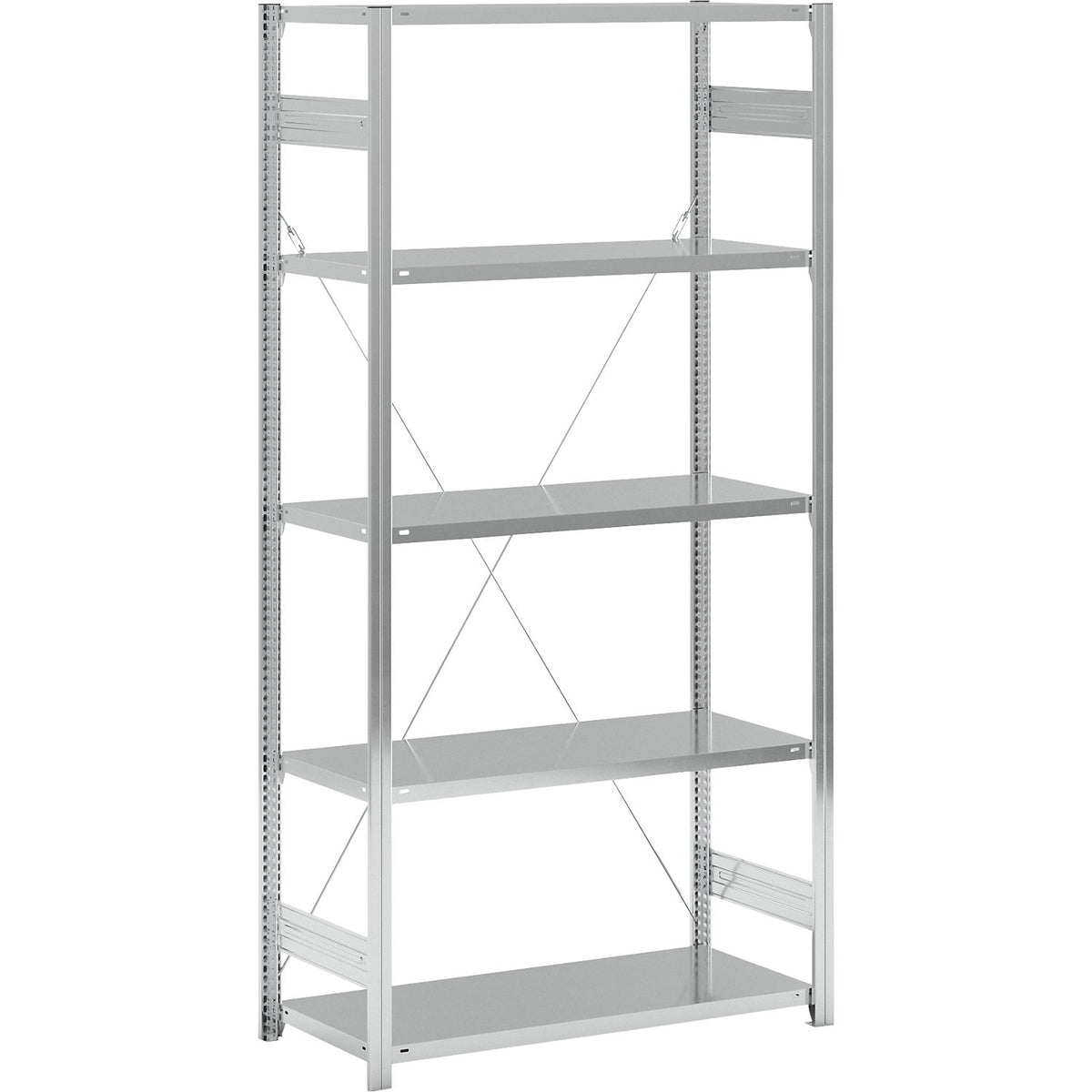 Standard boltless shelving unit, zinc plated, single sided, shelf height 2350 mm, shelf width 1215 mm, standard shelf unit, shelf depth 550 mm.