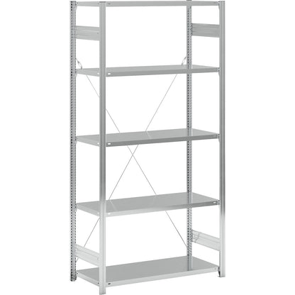 Standard boltless shelving unit, zinc plated, single sided, shelf height 2350 mm, shelf width 1215 mm, standard shelf unit, shelf depth 550 mm.