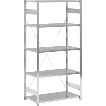 Standard boltless shelving unit, zinc plated, single sided, shelf height 2350 mm, shelf width 1215 mm, standard shelf unit, shelf depth 650 mm.