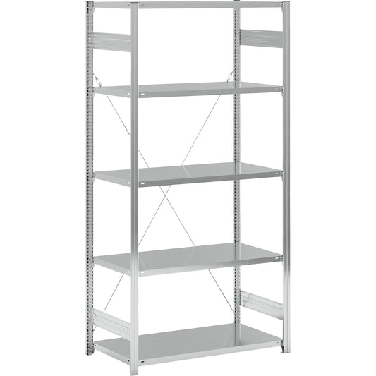 Standard boltless shelving unit, zinc plated, single sided, shelf height 2350 mm, shelf width 1215 mm, standard shelf unit, shelf depth 650 mm.