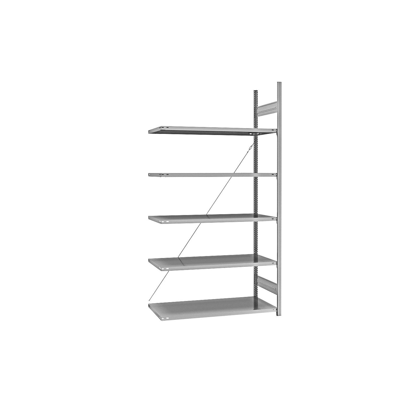 Standard boltless shelving unit, zinc plated, single sided, shelf height 2350 mm, shelf width 1215 mm, extension shelf unit, shelf depth 650 mm.