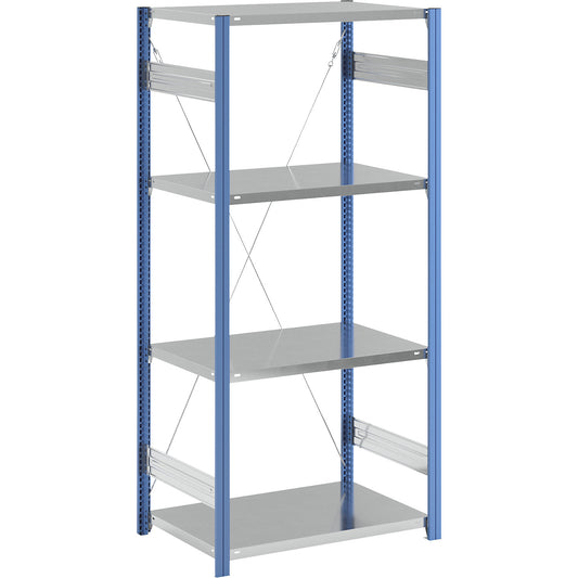 Boltless shelving unit, blue / zinc plated, shelf height 2000 mm, shelf width 965 mm, standard shelf unit, shelf depth 650 mm.