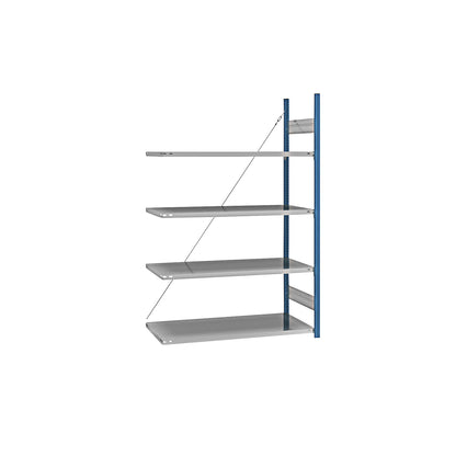 Boltless shelving unit, blue / zinc plated, shelf height 2000 mm, shelf width 1215 mm, extension shelf unit, shelf depth 650 mm.