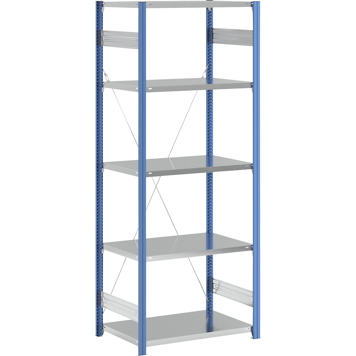Boltless shelving unit, blue / zinc plated, shelf height 2350 mm, shelf width 965 mm, standard shelf unit, shelf depth 650 mm.
