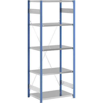 Boltless shelving unit, blue / zinc plated, shelf height 2350 mm, shelf width 965 mm, standard shelf unit, shelf depth 650 mm.