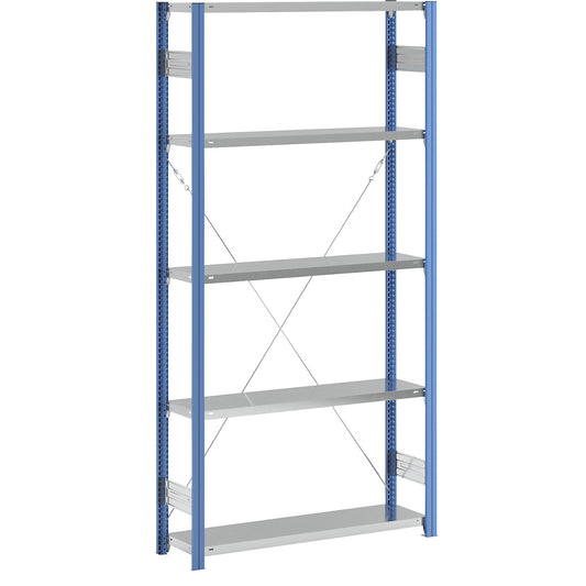 Boltless shelving unit, blue / zinc plated, shelf height 2350 mm, shelf width 1215 mm, standard shelf unit, shelf depth 350 mm.