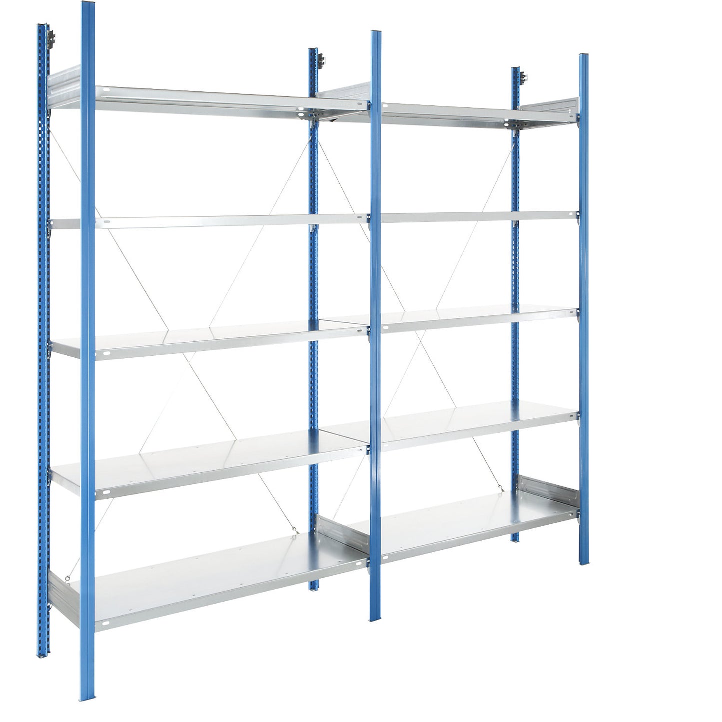 Boltless shelving unit, blue / zinc plated, shelf height 2350 mm, shelf width 1215 mm, extension shelf unit, shelf depth 450 mm.