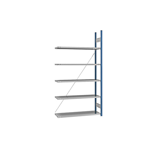 Boltless shelving unit, blue / zinc plated, shelf height 2350 mm, shelf width 1215 mm, extension shelf unit, shelf depth 450 mm.