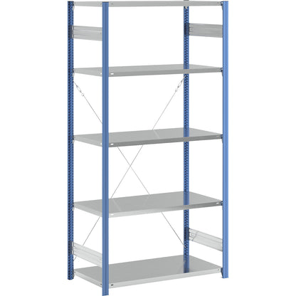 Boltless shelving unit, blue / zinc plated, shelf height 2350 mm, shelf width 1215 mm, standard shelf unit, shelf depth 650 mm.