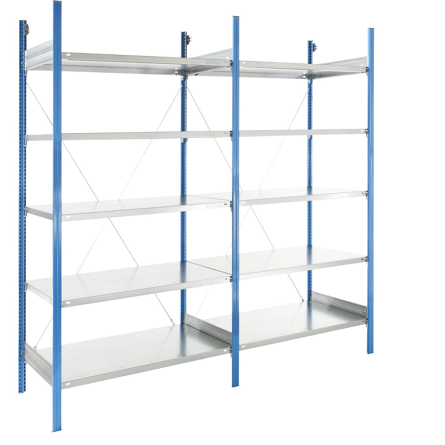 Boltless shelving unit, blue / zinc plated, shelf height 2350 mm, shelf width 1215 mm, extension shelf unit, shelf depth 650 mm.