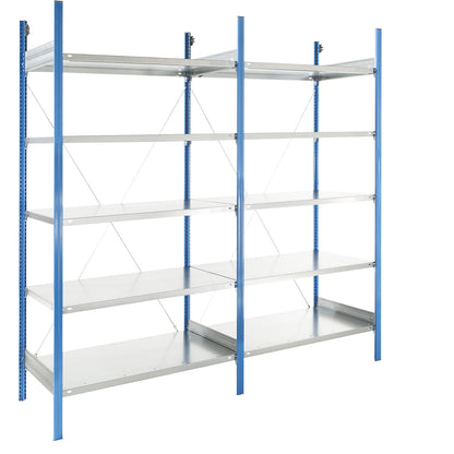 Boltless shelving unit, blue / zinc plated, shelf height 2350 mm, shelf width 1215 mm, extension shelf unit, shelf depth 650 mm.