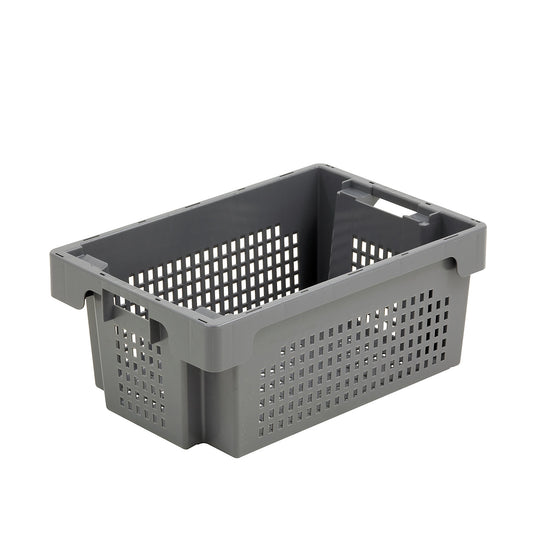 Stack/nest container made of HDPE, capacity 40 l, perforated walls and base, grey.
