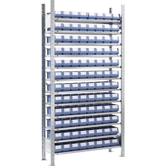 Boltless shelving unit with shelf bins, height 2000 mm, 96 bins, 12 shelves, depth 336 mm, extension shelf unit.