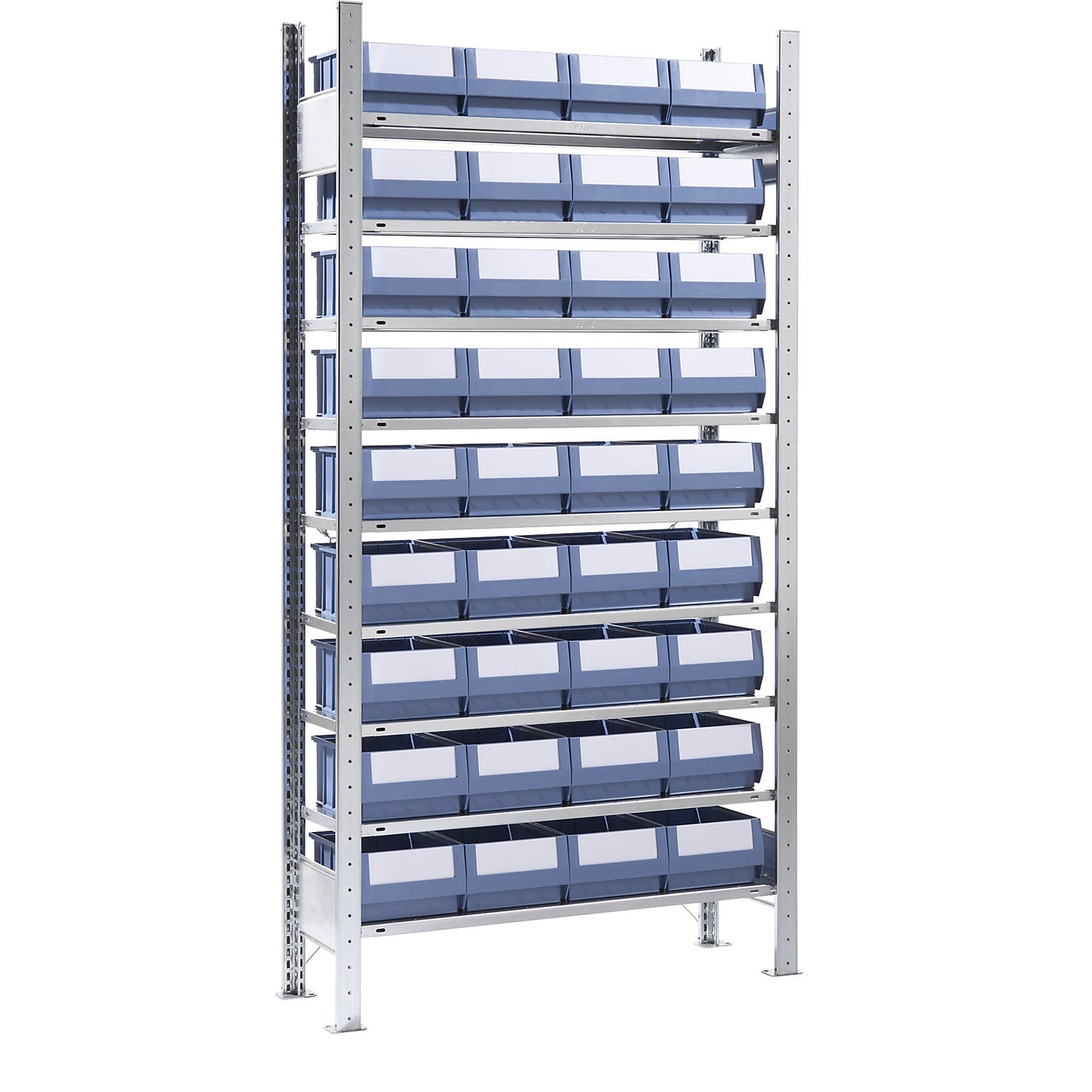 Boltless shelving unit with shelf bins, height 2000 mm, 36 bins, 9 shelves, depth 336 mm, standard shelf unit.