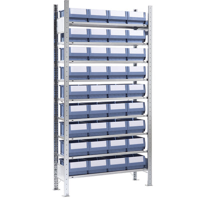 Boltless shelving unit with shelf bins, height 2000 mm, 36 bins, 9 shelves, depth 336 mm, extension shelf unit.