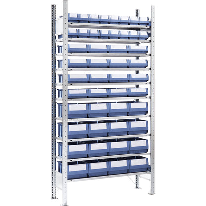 Boltless shelving unit with shelf bins, height 2000 mm, 48 bins, 10 shelves, depth 336 mm, standard shelf unit.