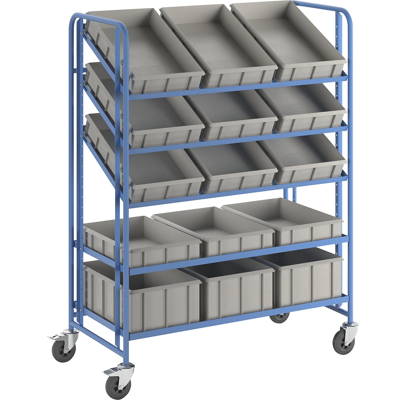 Euro container shelf truck, with 15 bins, LxWxH 1285 x 620 x 1725 mm.