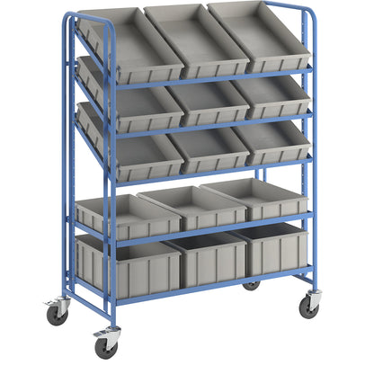 Euro container shelf truck, with 15 bins, LxWxH 1285 x 620 x 1725 mm.