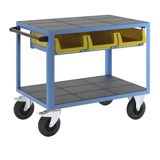 Assembly trolley, max. load 500 kg, with 3 PE bins as drawers, LxWxH 1130 x 700 x 895 mm.
