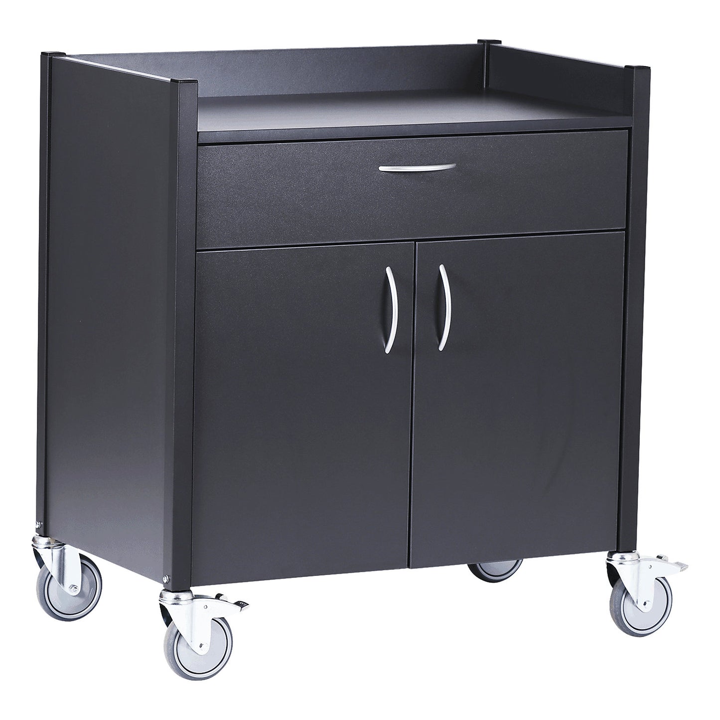 Serving trolley, metallic black decor, cutlery drawer, 2 doors, 1 shelf.