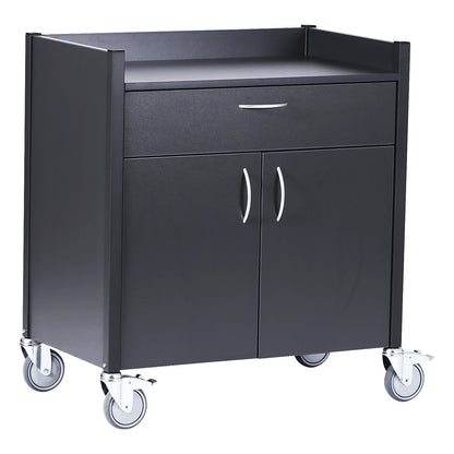 Serving trolley, metallic black decor, cutlery drawer, 2 doors, 1 shelf.
