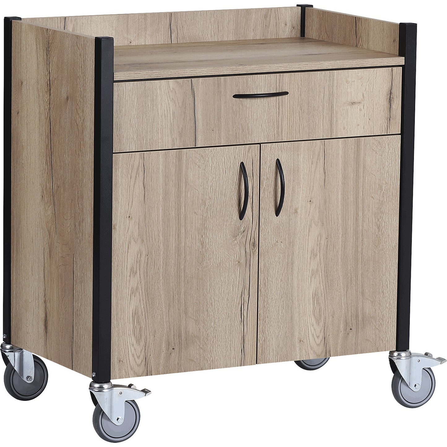 Serving trolley, light oak decor, cutlery drawer, 2 doors, 1 shelf.