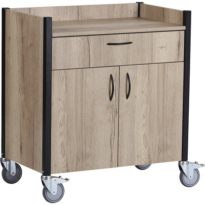 Serving trolley, light oak decor, cutlery drawer, 2 doors, 1 shelf.