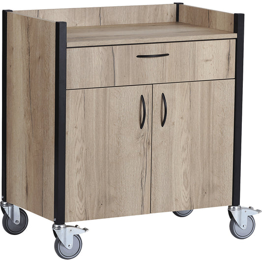 Serving trolley, light oak decor, cutlery drawer, 2 doors, 1 shelf.