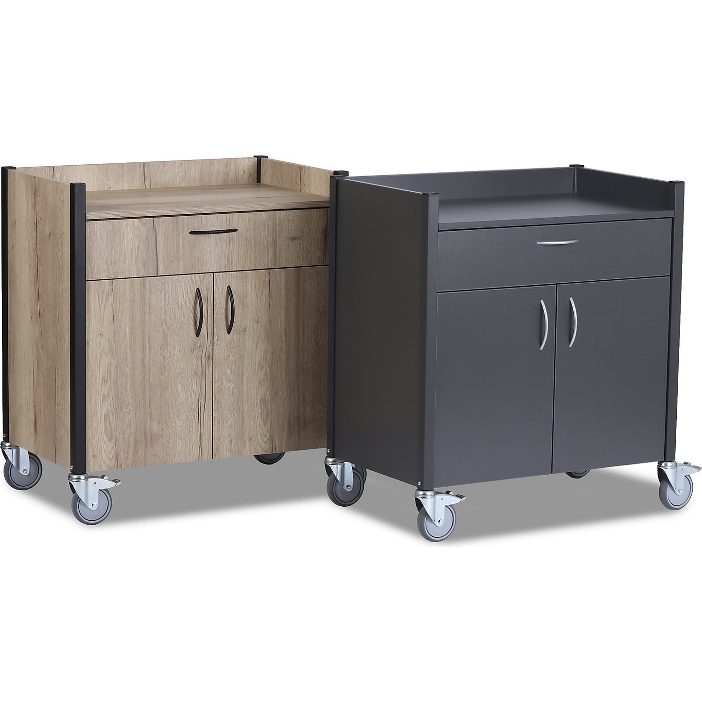 Serving trolley, metallic black decor, cutlery drawer, 2 doors, 1 shelf.