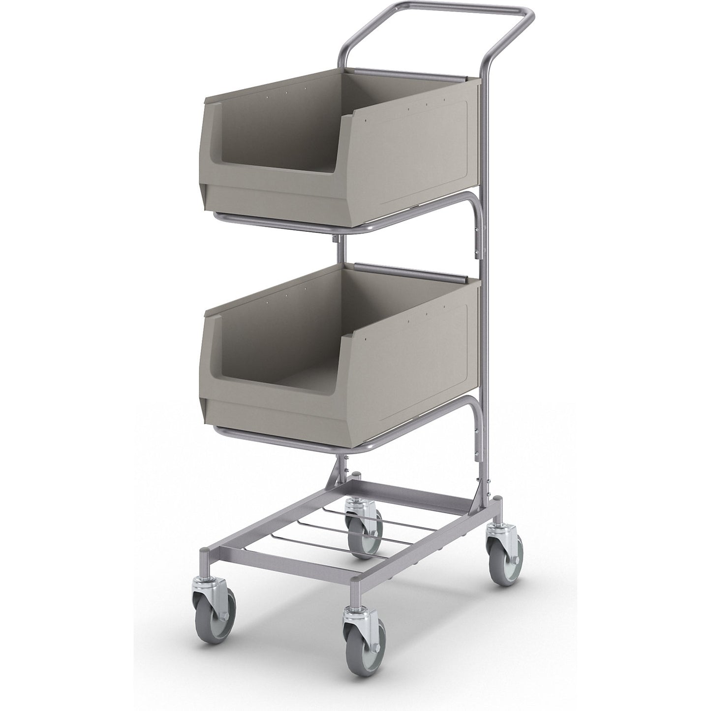Assembly trolley, with 2 open fronted storage bins, silver grey, silk finish.