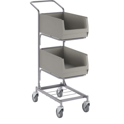 Assembly trolley, with 2 open fronted storage bins, silver grey, silk finish.