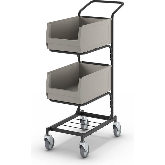 Assembly trolley, with 2 open fronted storage bins, jet black, fine structuring.