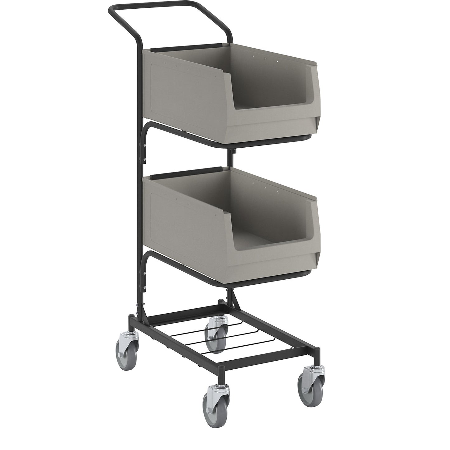 Assembly trolley, with 2 open fronted storage bins, jet black, fine structuring.