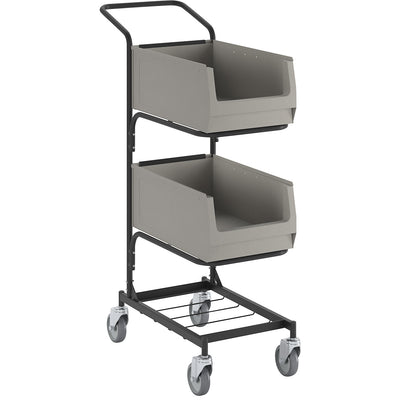 Assembly trolley, with 2 open fronted storage bins, jet black, fine structuring.