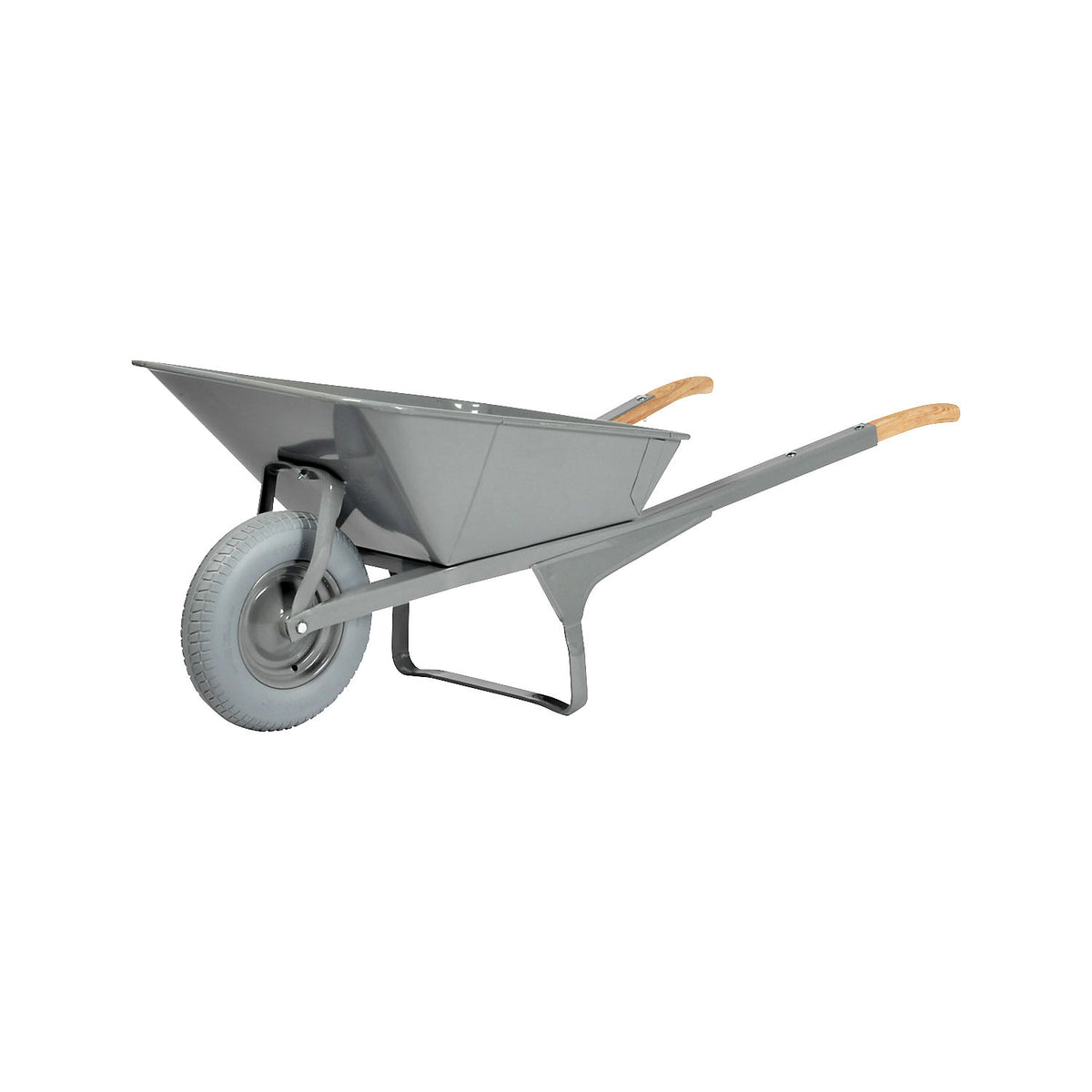 K1 angle iron frame wheelbarrow, with puncture-proof tyres, powder coated grey.