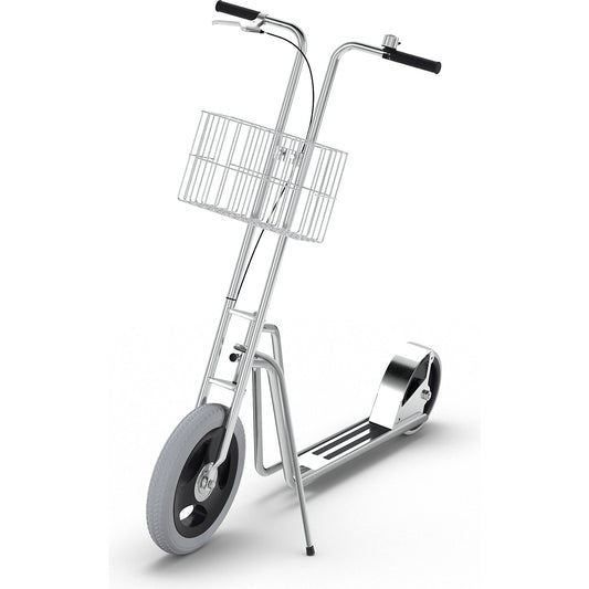 MODEL 65 company scooter, 2 wheels, bell and basket, drum brake on front wheel.