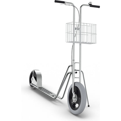 MODEL 65 company scooter, 2 wheels, bell and basket, drum brake on front wheel.