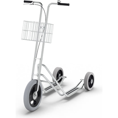 MODEL 10 company scooter, 3 wheels, bell and basket, drum brake on front wheel.