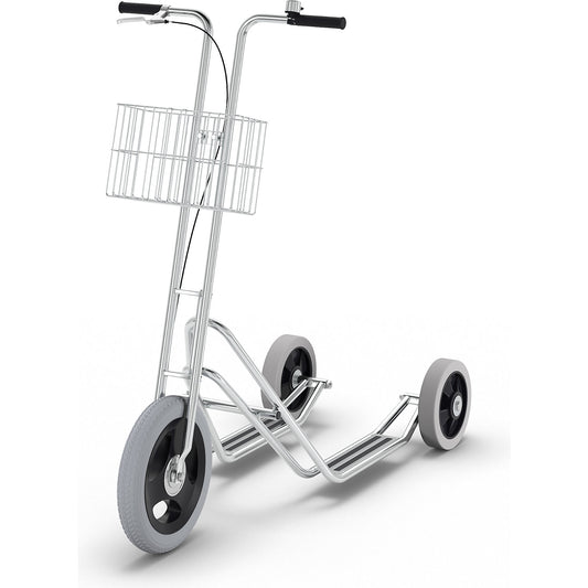 MODEL 10 company scooter, 3 wheels, bell and basket, drum brake on front wheel.