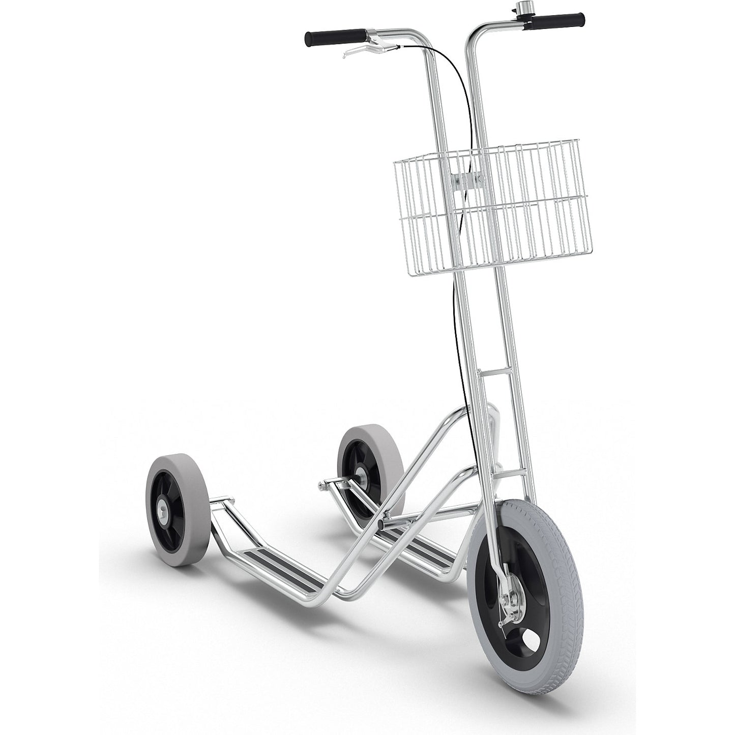 MODEL 10 company scooter, 3 wheels, bell and basket, drum brake on front wheel.