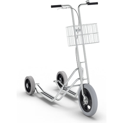 MODEL 10 company scooter, 3 wheels, bell and basket, drum brake on front wheel.