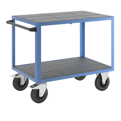 Assembly trolley, max. load 500 kg, 2 plastic shelves, shelf 1050 x 700 mm, light blue frame.