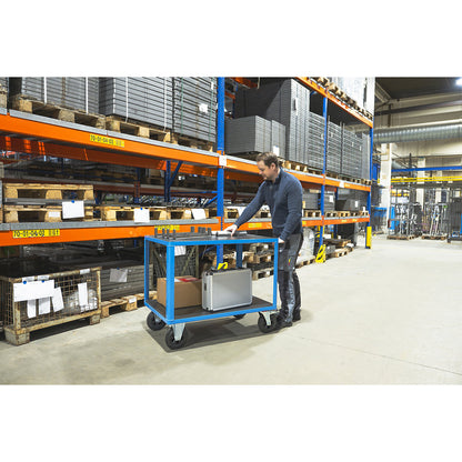 Assembly trolley, max. load 500 kg, with 3 PE bins as drawers, LxWxH 1130 x 700 x 895 mm.