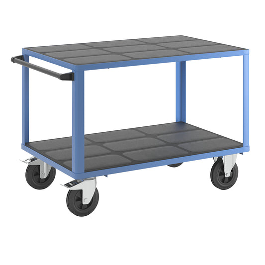Assembly trolley, max. load 500 kg, 2 plastic shelves, shelf 1250 x 800 mm, light blue frame.